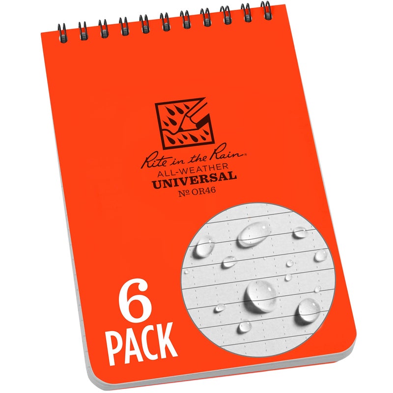 Rite in the Rain Weatherproof Top Spiral Notebook, 4" x 6", Orange Cover, Universal Pattern, 6 Pack (No. OR46L6) - Image 1